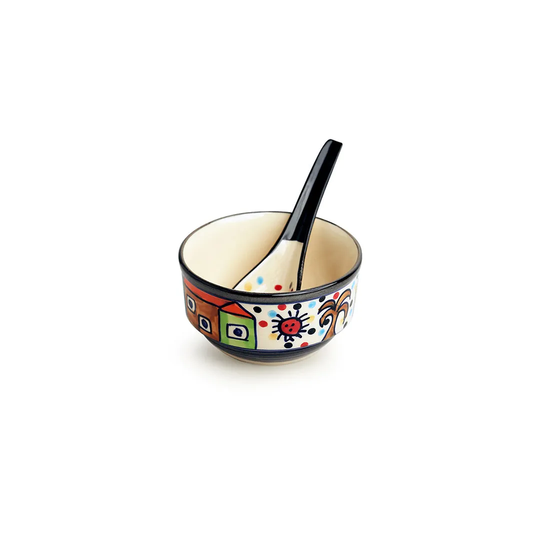 'Soupy Huts' Handpainted Soup Bowl With Spoon  In Ceramic (Set Of 2, 260 ML, Microwave Safe)