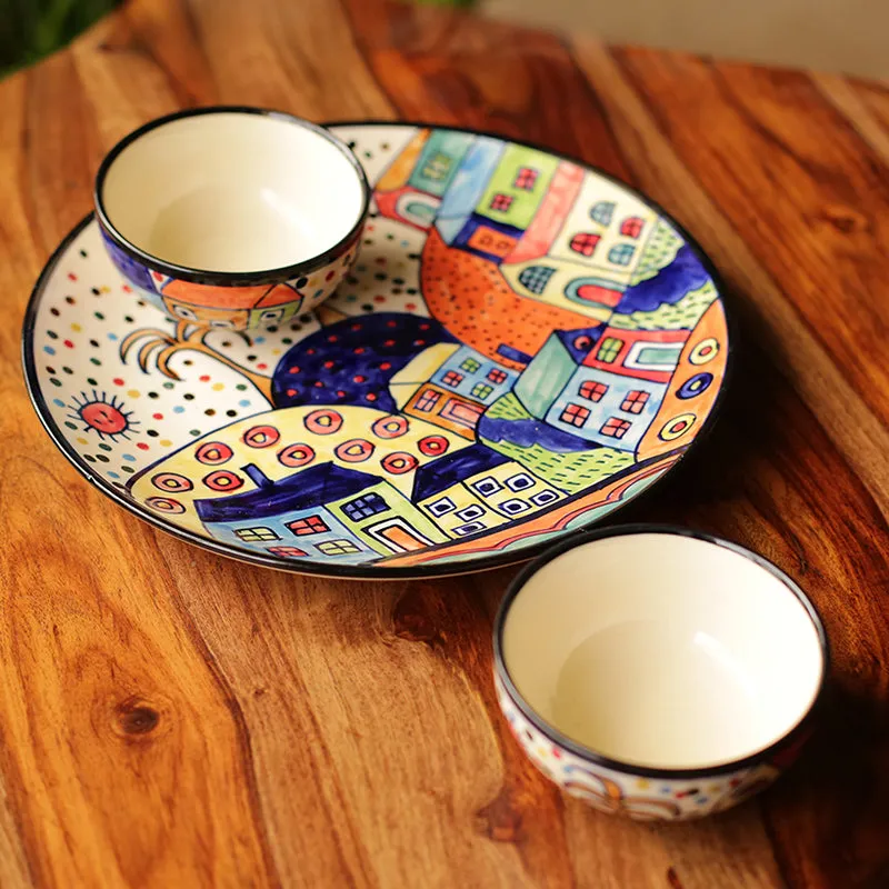 'The Hut Platter Pack' Hand-Painted Ceramic Plate With Serving Bowls Set