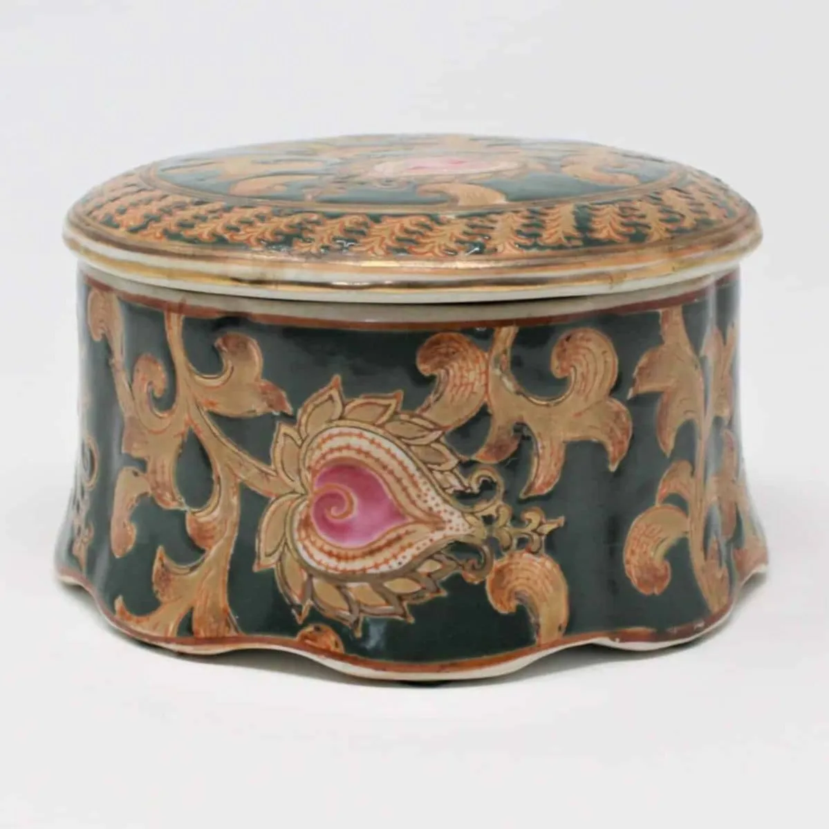 Trinket Box, Oriental Accents, Hand Painted, Bisque, Vintage China