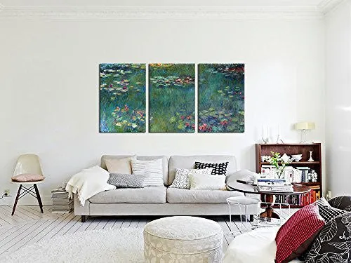 WATER LILIES BY CLAUDE MONET OIL PAINTING CANVAS PRINTS WALL ART DECOR FRAMED READY TO HANG - 3 PANEL LARGE SIZE 30 BY 60 INCH MODERN GICLEE ART WORK FOR HOME OFFICE LIVING ROOM BEDROOM DECORATION