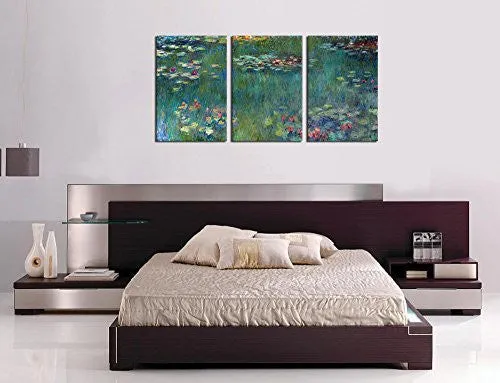 WATER LILIES BY CLAUDE MONET OIL PAINTING CANVAS PRINTS WALL ART DECOR FRAMED READY TO HANG - 3 PANEL LARGE SIZE 30 BY 60 INCH MODERN GICLEE ART WORK FOR HOME OFFICE LIVING ROOM BEDROOM DECORATION