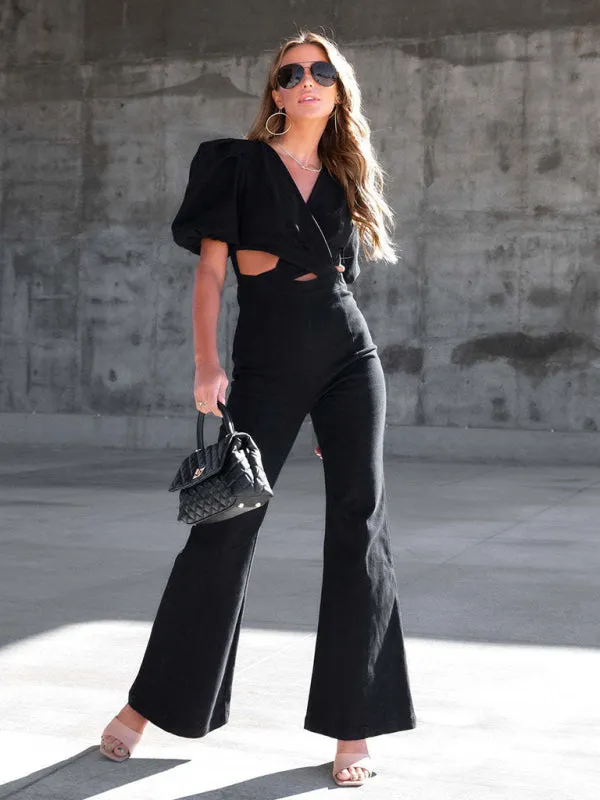 Women's Denim Puff Sleeve Flare Jumpsuit With Waist Cut Out Panels