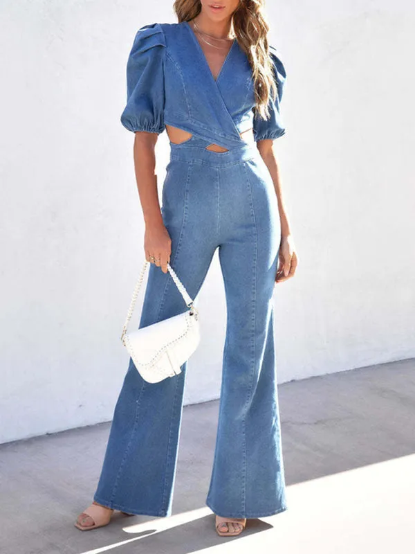 Women's Denim Puff Sleeve Flare Jumpsuit With Waist Cut Out Panels